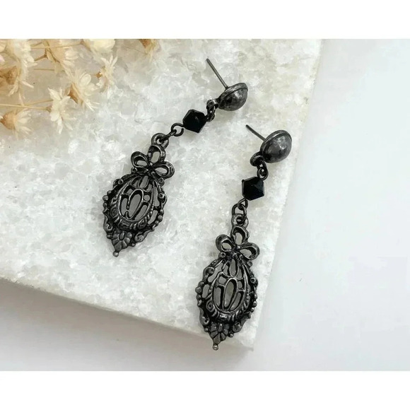 Vintage Jewelry - Vintage Dark Silver Tone Gothic Style Dangle Earrings